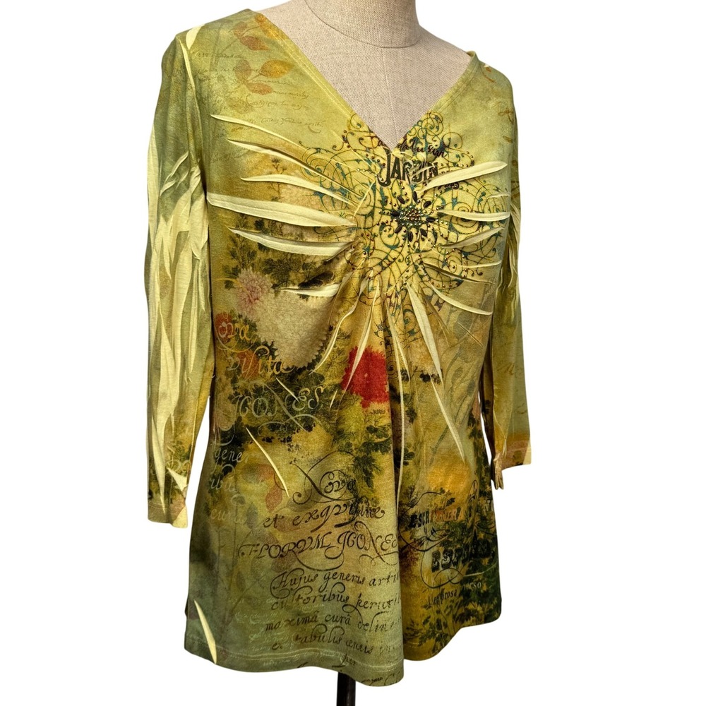 Women L French‎ Parisian Jardin Artsy Crinkle Top V Neck Boho Yellow Blouse USA